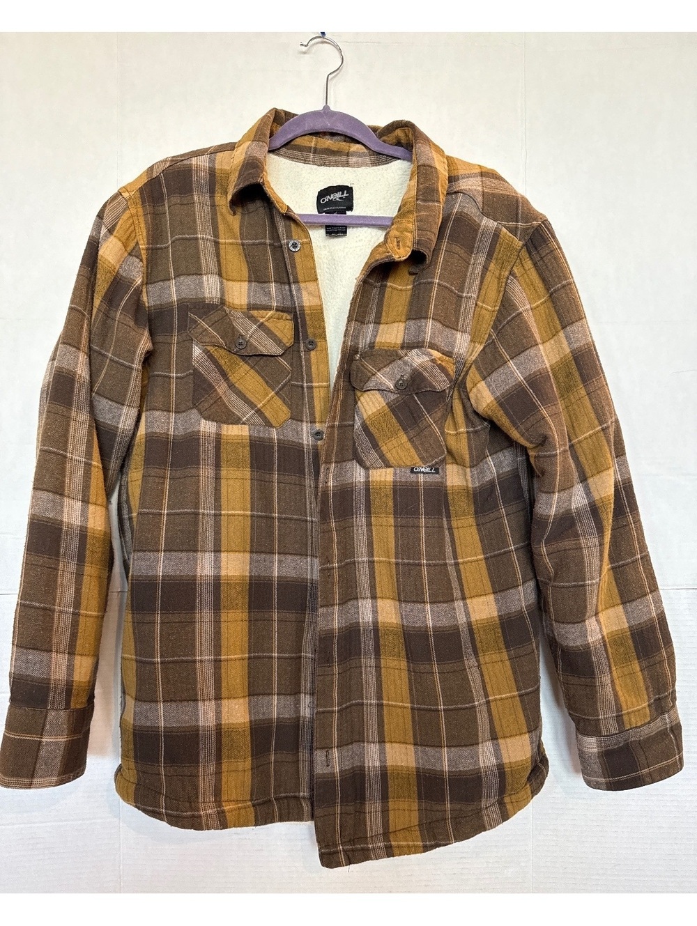 O'Neill Men's XL Brown and Yellow Plaid Sherpa Lined Shirt Jacket